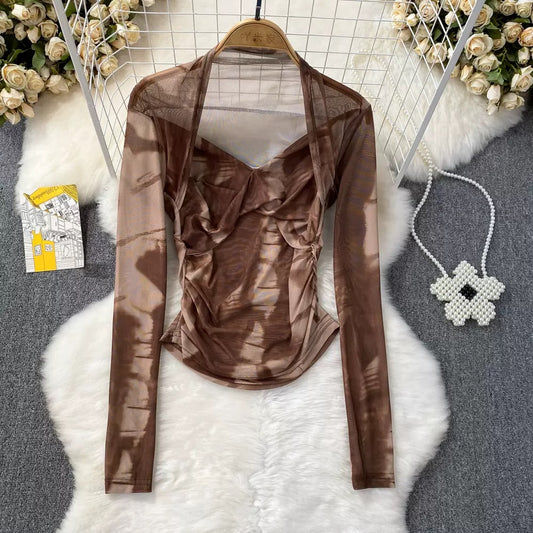 Mesh Sweetheart Neck Tie-dye Top.