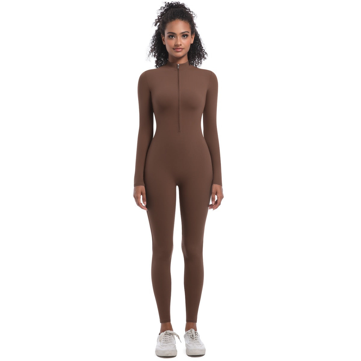 High-neck jumpsuit with a zipper.