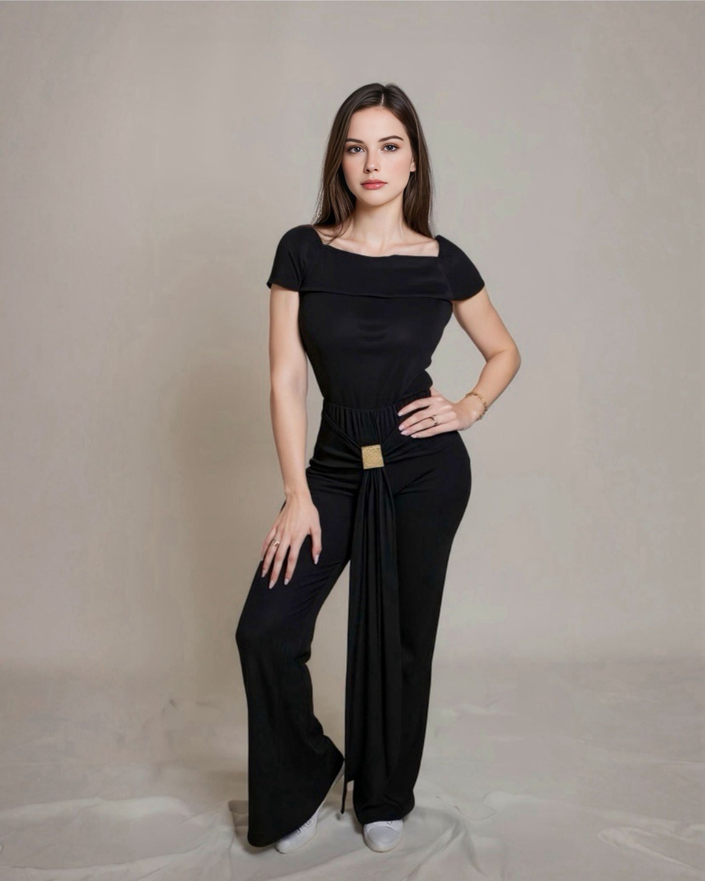 Off-shoulder ribbed knit jumpsuit.