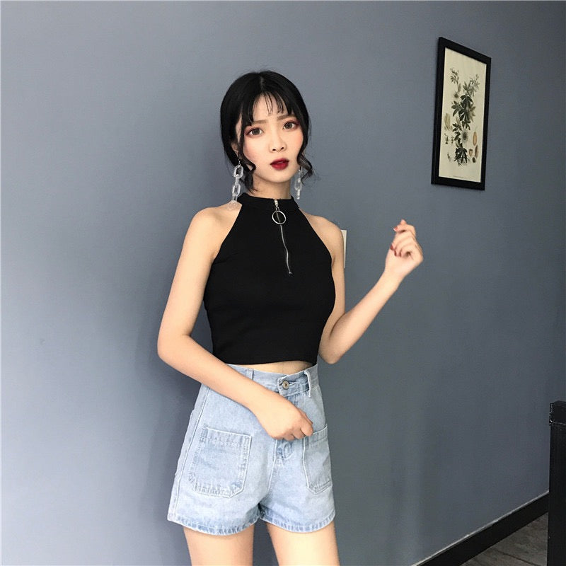 Chic Retro Zipper Slim Fit High Neck Short Tank Top