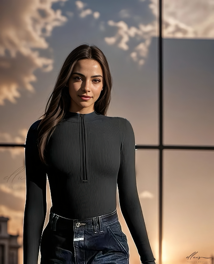Zip-Up Mock Neck Bodysuit Set, Casual Long Sleeve Bodysuit