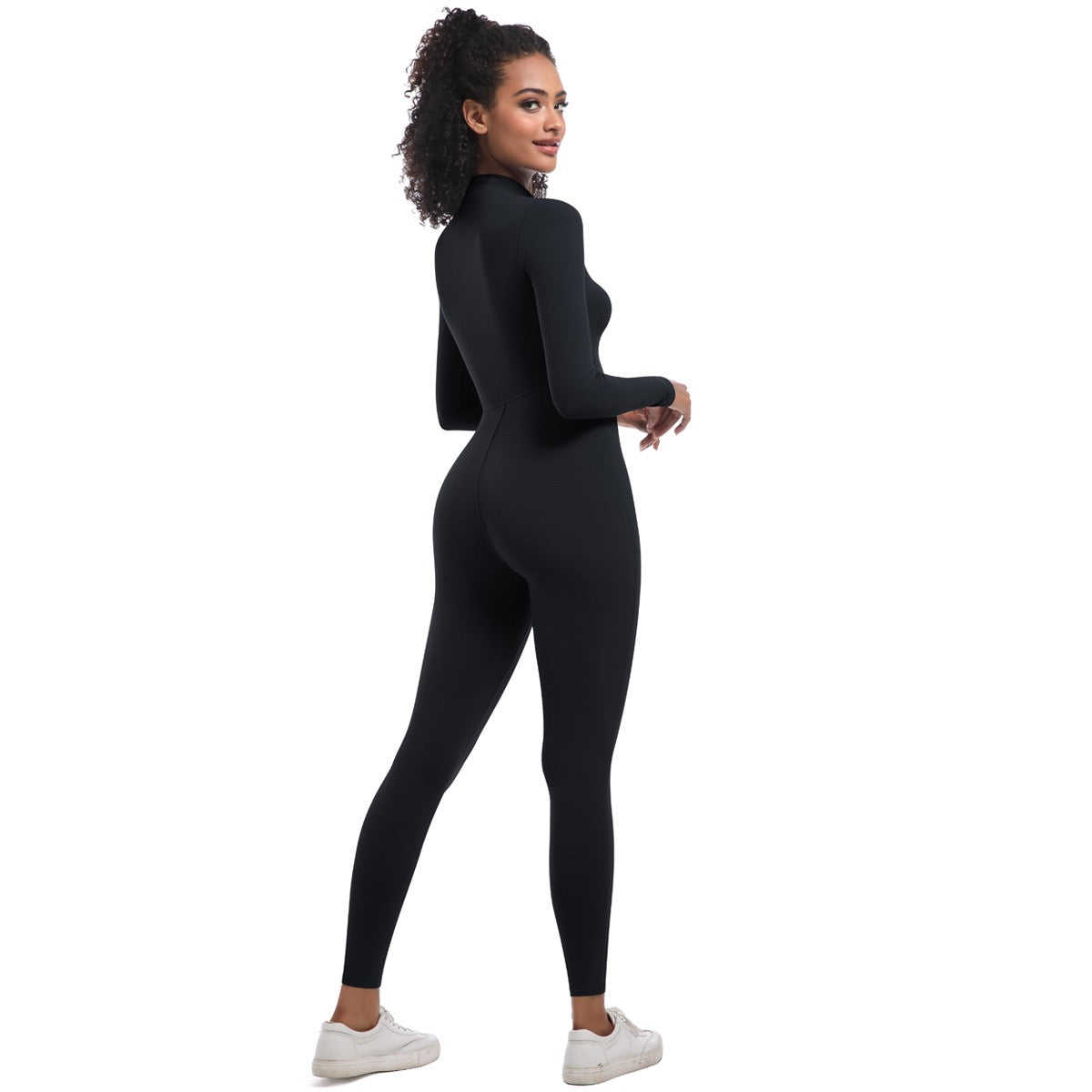 High-neck jumpsuit with a zipper.