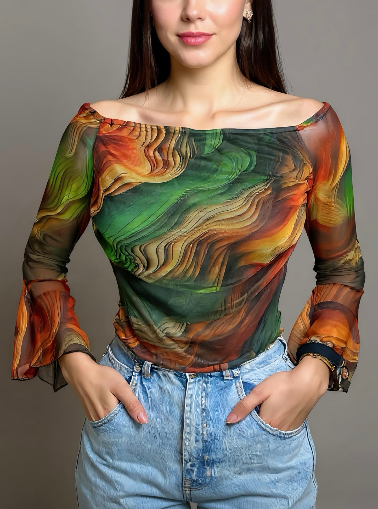 Elegant Mesh Long Sleeves Top.