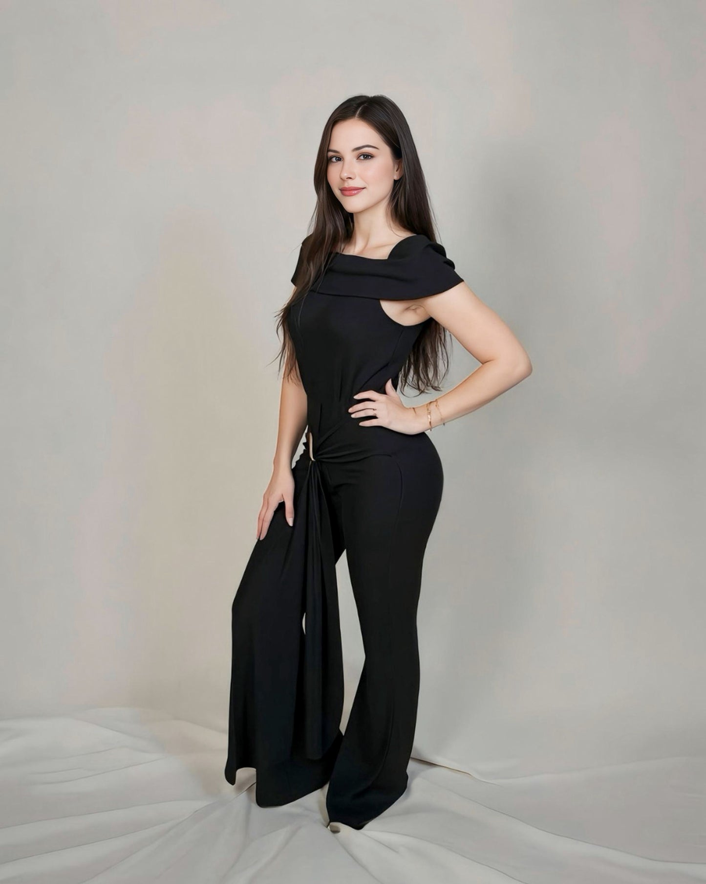 Off-shoulder ribbed knit jumpsuit.