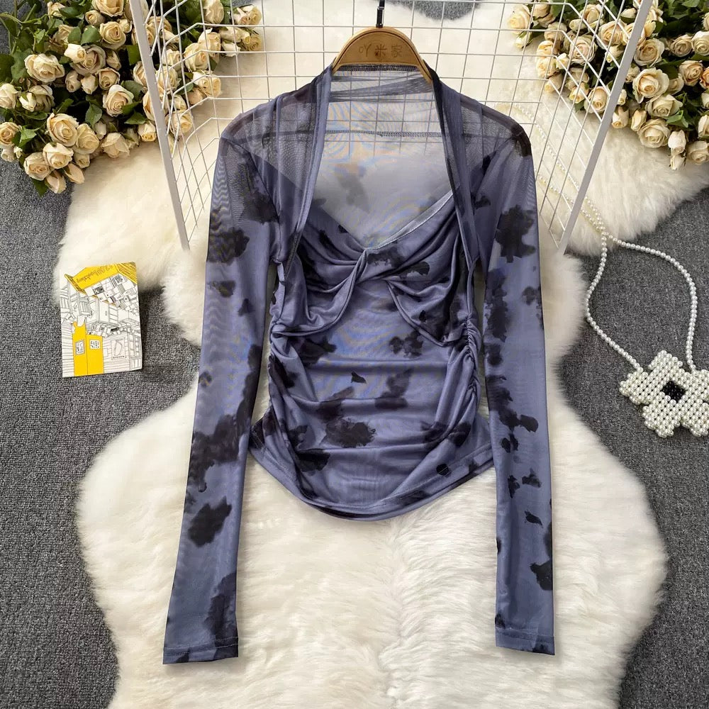 Mesh Sweetheart Neck Tie-dye Top.