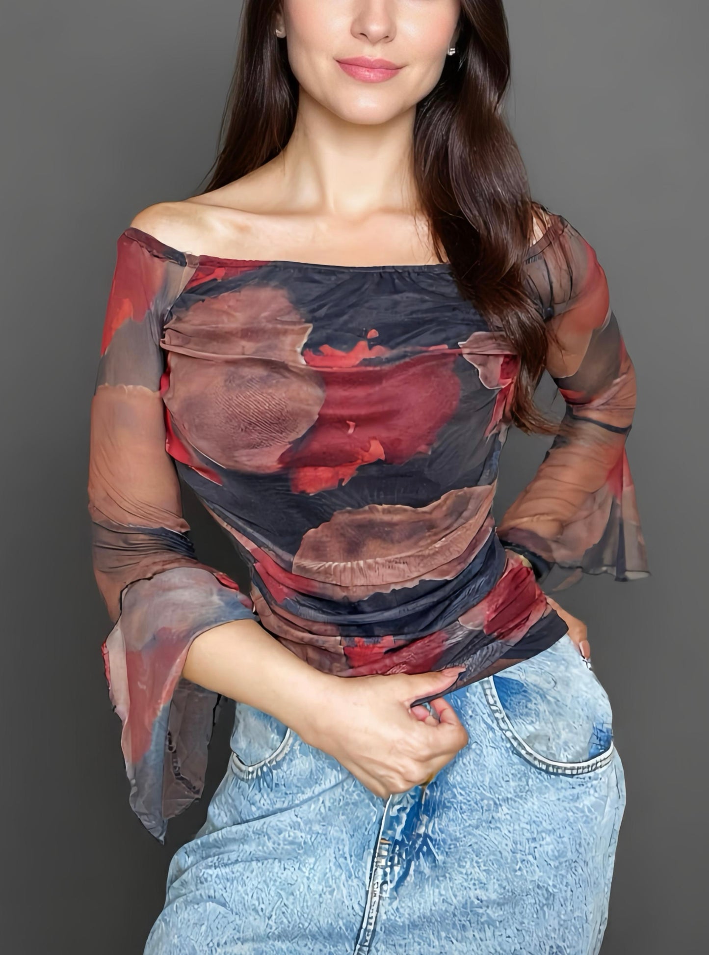 Elegant Mesh Long Sleeves Top.