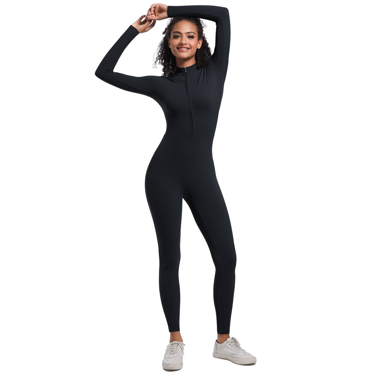 High-neck jumpsuit with a zipper.