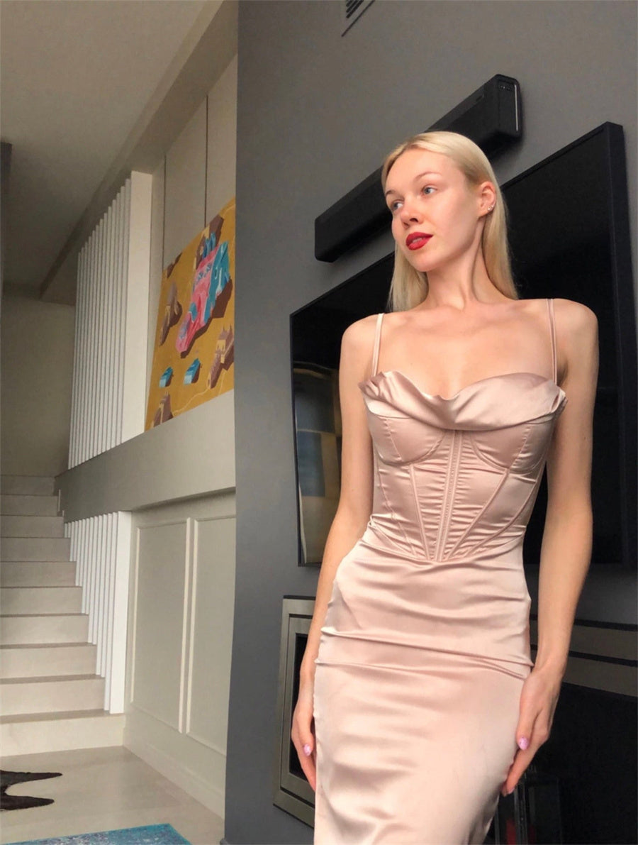 champagne hot style sexy pile collar satin herringbone pleated suspender skirt dress