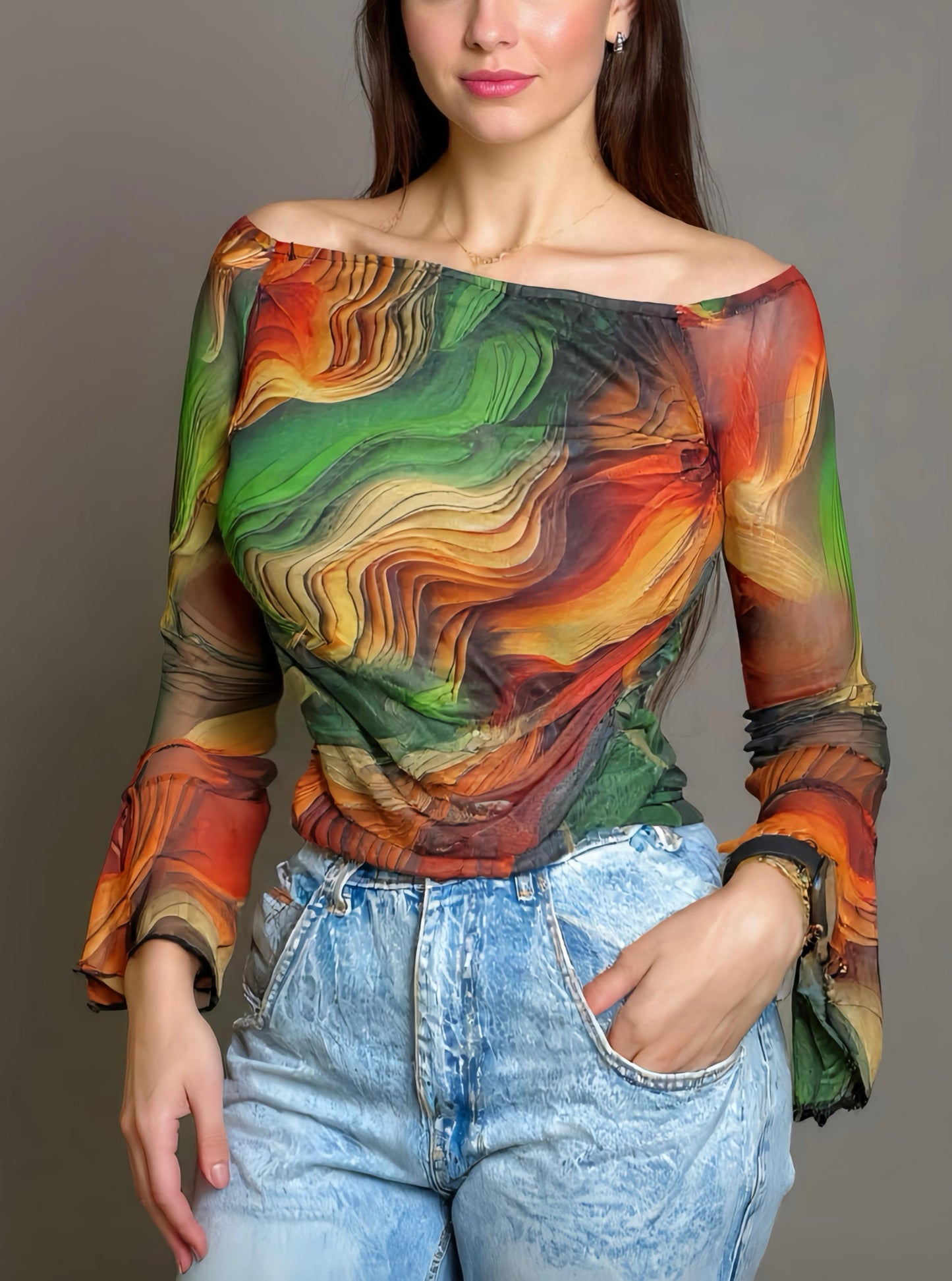 Elegant Mesh Long Sleeves Top.