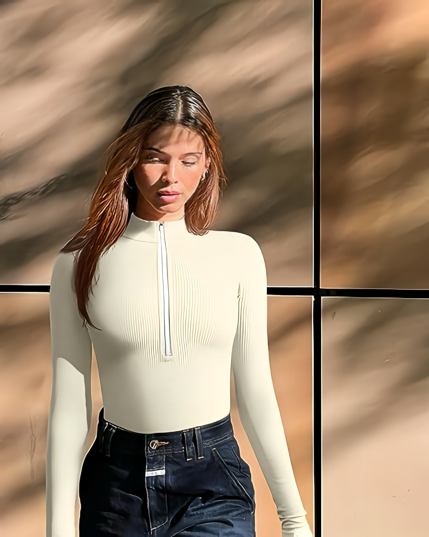 Zip-Up Mock Neck Bodysuit Set, Casual Long Sleeve Bodysuit
