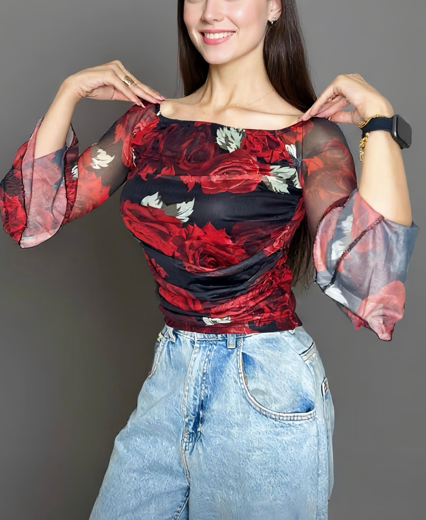 Elegant Mesh Long Sleeves Top.