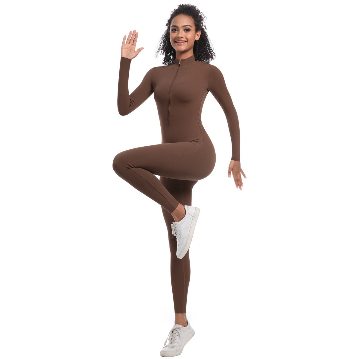 High-neck jumpsuit with a zipper.