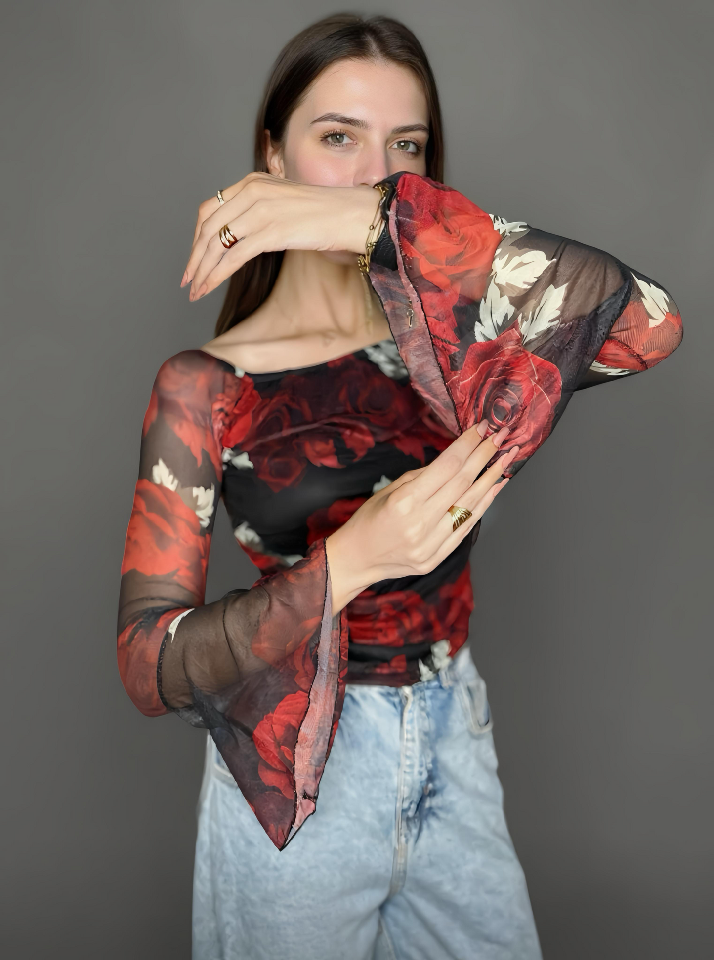 Elegant Mesh Long Sleeves Top.