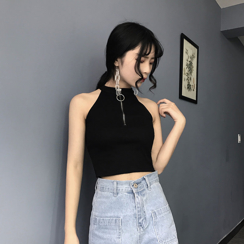 Chic Retro Zipper Slim Fit High Neck Short Tank Top