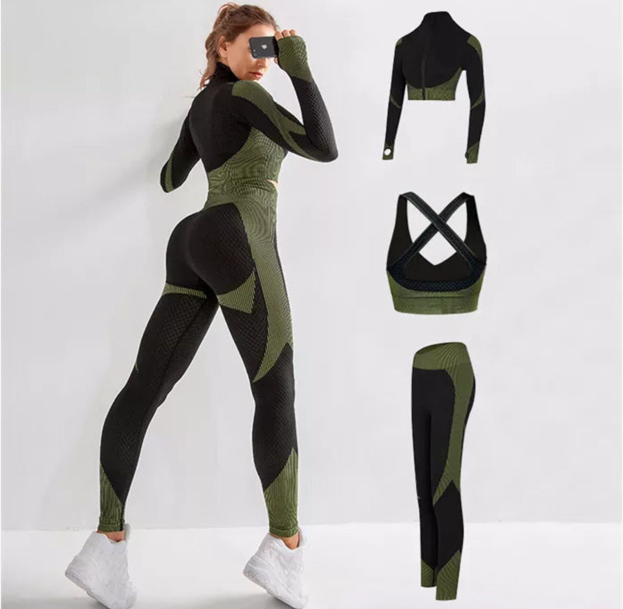 A three-piece athletic set consisting of a sports bra, leggings, and a zip-up jacket.