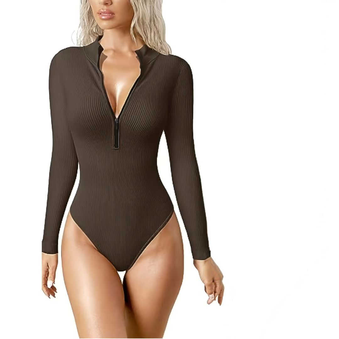 Zip-Up Mock Neck Bodysuit Set, Casual Long Sleeve Bodysuit