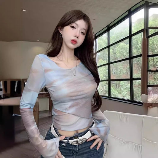 Mesh Long-sleeve Graphic Top