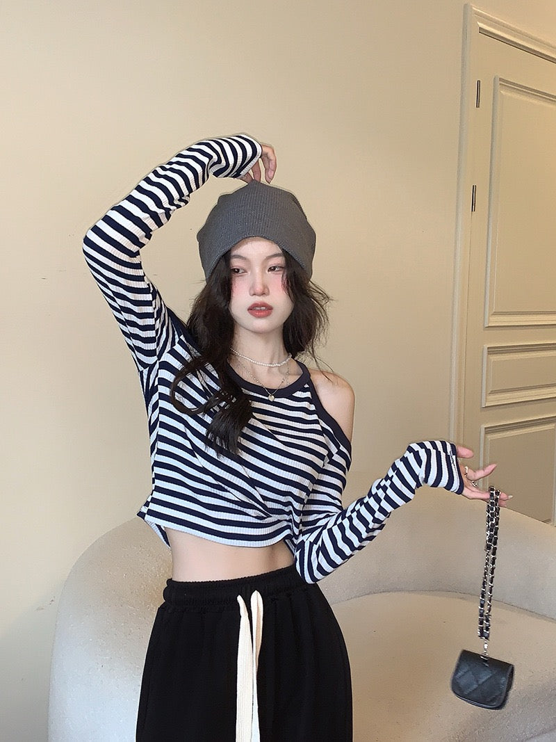 Design sense off-the-shoulder striped T-shirt women's 2022 autumn new niche tight-fitting long-sleeved slim short student tops