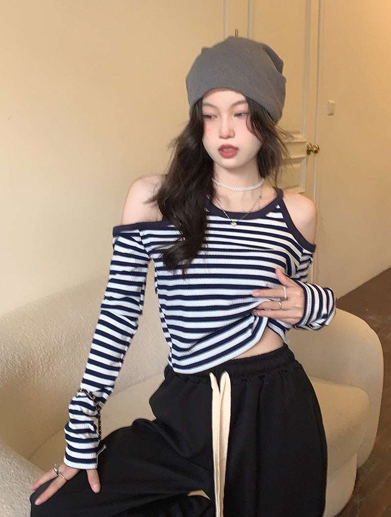 Design sense off-the-shoulder striped T-shirt women's 2022 autumn new niche tight-fitting long-sleeved slim short student tops