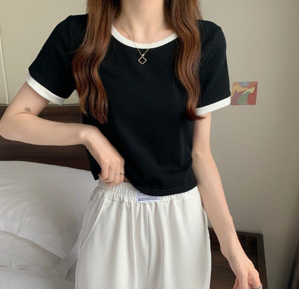 Contrasting color round neck short-sleeved t-shirt women's 2023 new summer bottoming shirt Korean version of slim short student top trend