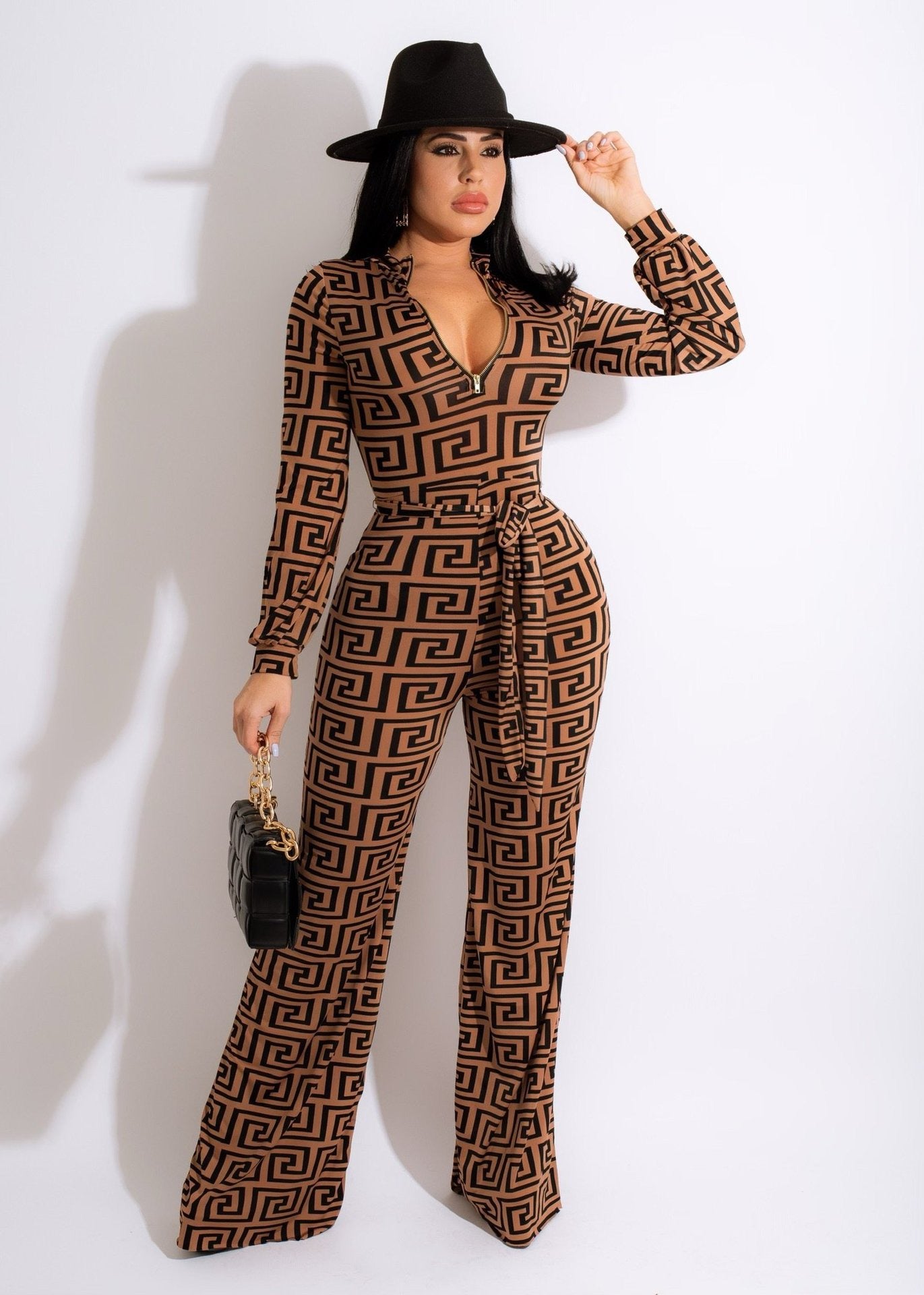 Women's Allover Printed Monogram Stand Collar Jumpsuit