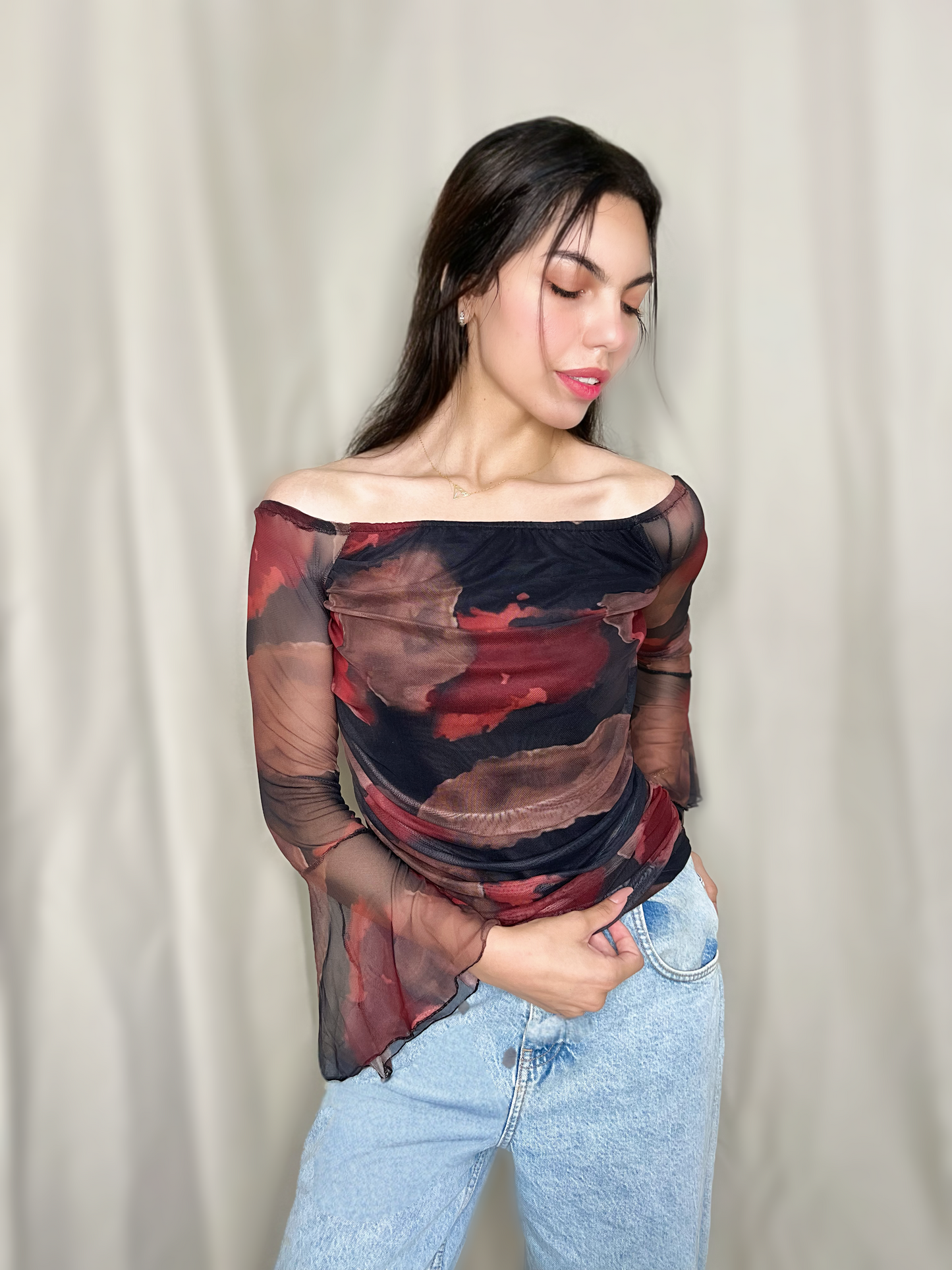 Elegant Mesh Long Sleeves Top.