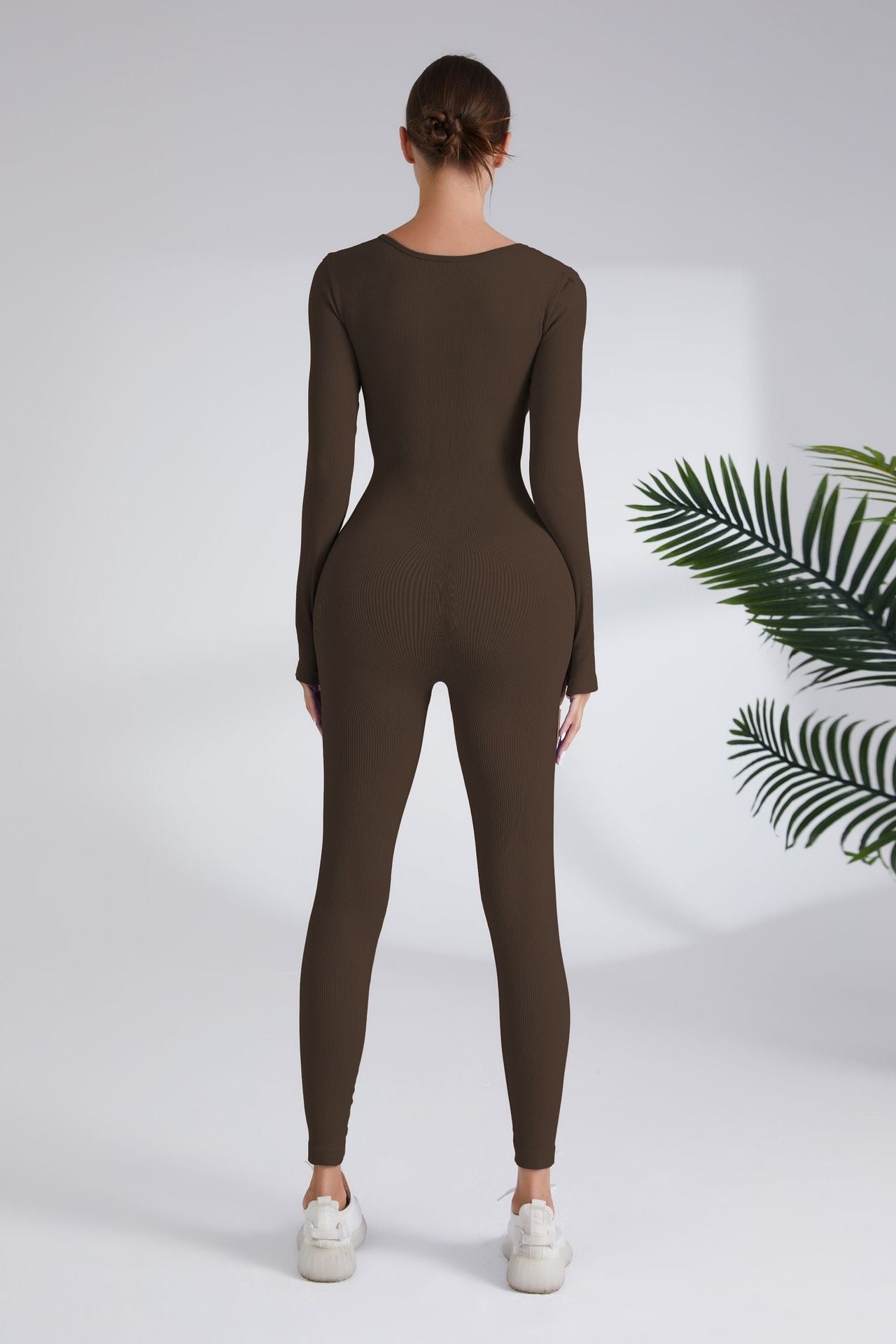 Seamless Knit Long Sleeve Jumpsuit, Tight Fit Stretchy