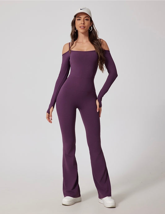 High Stretch Off Shoulder Sports Jumpsuit With Thumb Holes