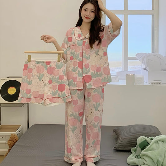 3pcs Top & Print Pants & shirt PJ Set  Pajama Set