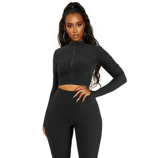 Casual Solid Color Two-Piece Pineapple-Texture Sportswear Set