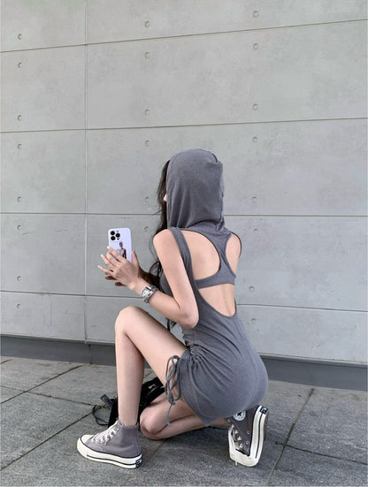 Sleeveless Tight Hooded Drawstring Jumpsuit Unitard With Backless.