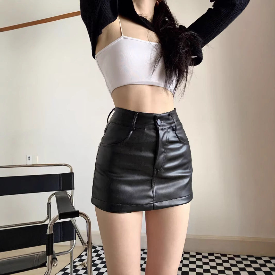 High-Waisted Black Leather Skirt