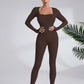 Seamless Knit Long Sleeve Jumpsuit, Tight Fit Stretchy