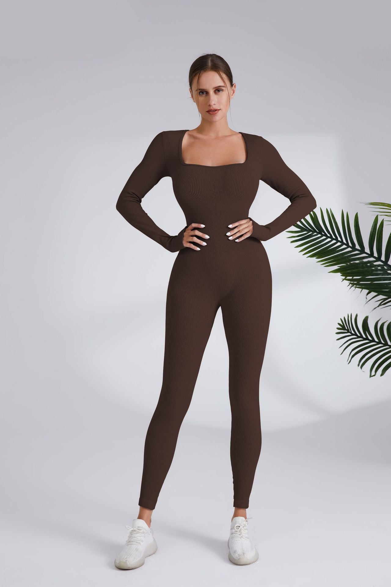 Seamless Knit Long Sleeve Jumpsuit, Tight Fit Stretchy