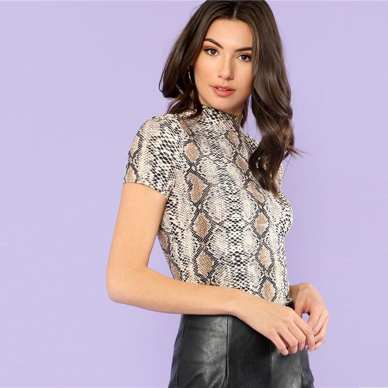 summer ladies snake print T-shirt women's short-sleeved casual bottoming top