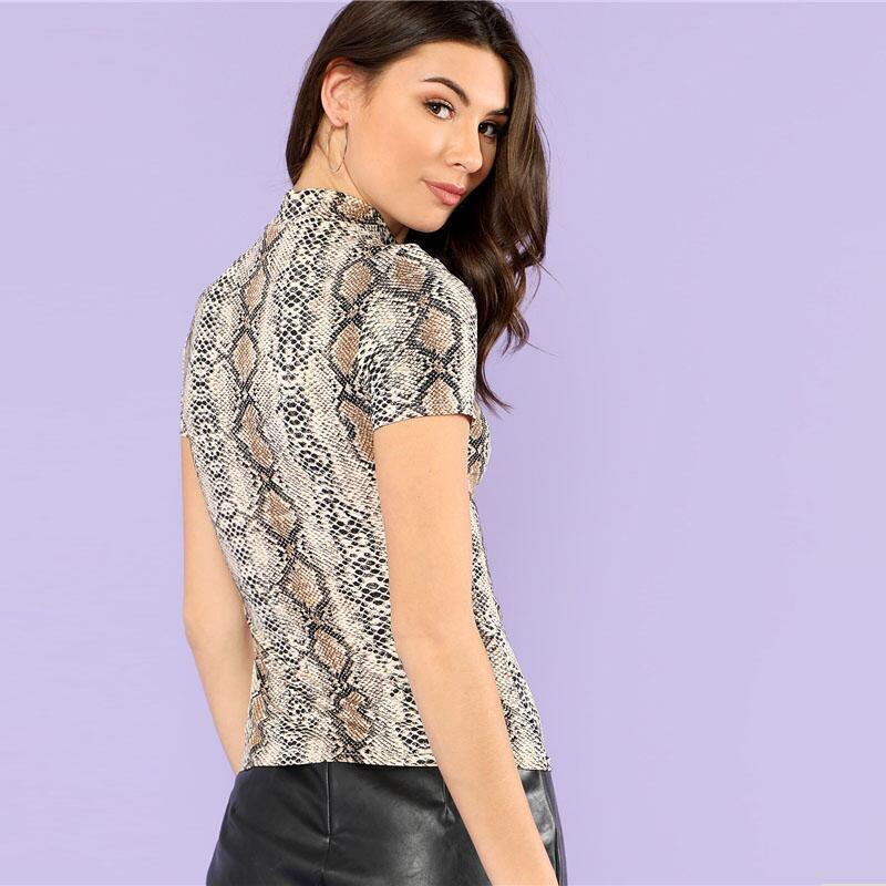 summer ladies snake print T-shirt women's short-sleeved casual bottoming top