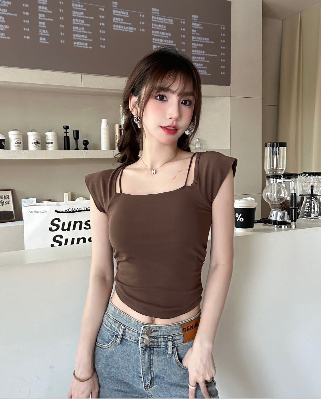 Casual Open Shoulder Short Sleeve Tunic Blouse For Women