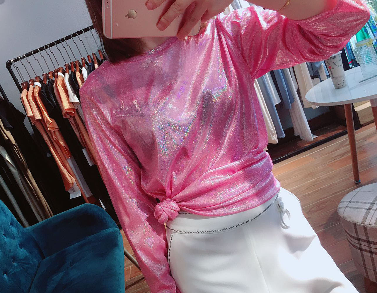 hot style foreign trade loose T-shirt women's shiny reflective long-sleeved women's supply