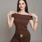 Off-shoulder ribbed knit jumpsuit.