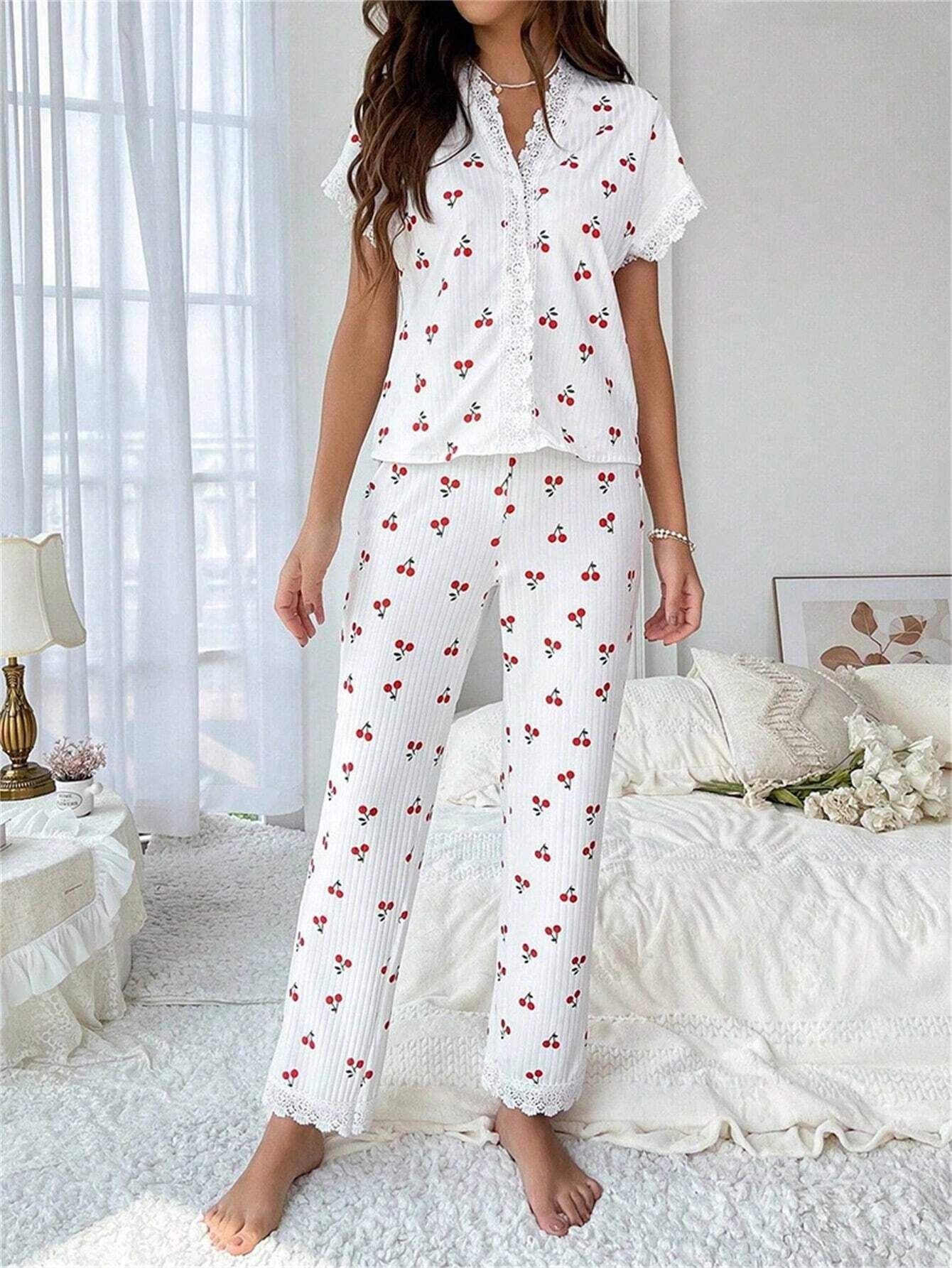 Cherry Lace Pajama Set – Soft, Stylish & Wearable Anywhere