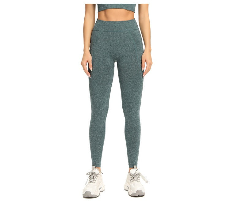 Dark Green Pockets High Waist Fitness Sports Pants.