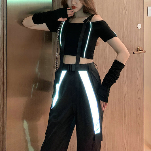 Spring Dress Handsome Reflective Lightweight Overalls Women's Color Matching Cool Trendy Hip-hop Pants + Free Belt