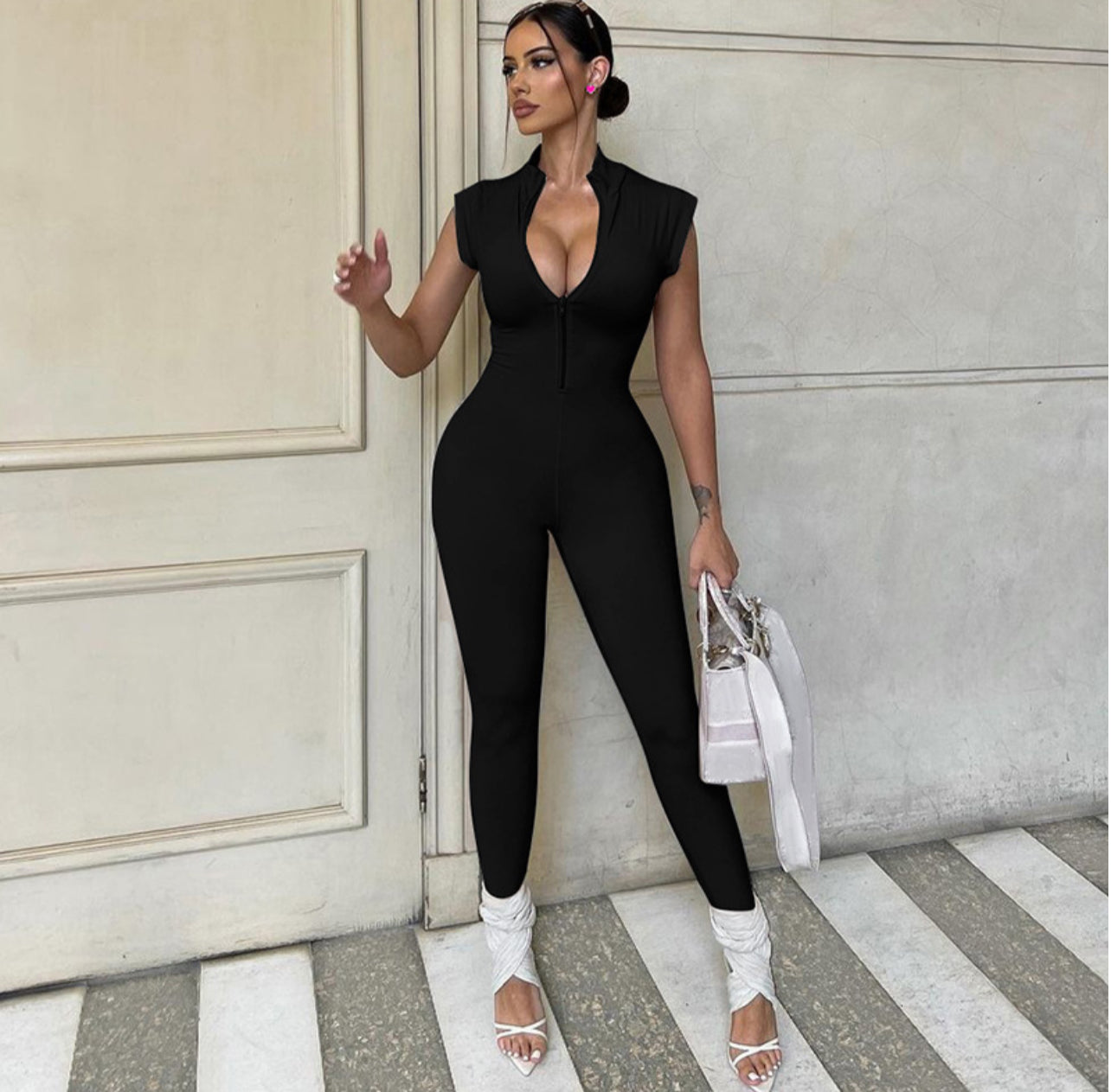 Short Sleeve Solid Color Jumpsuit