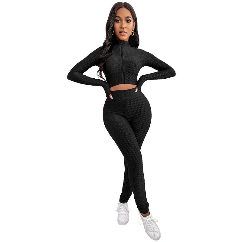 Casual Solid Color Two-Piece Pineapple-Texture Sportswear Set