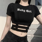 Summer Sexy Slim Short-sleeved Letter Print T-Shirt Irregular Hollow Navel Bottom Top