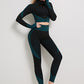 A three-piece athletic set consisting of a sports bra, leggings, and a zip-up jacket.