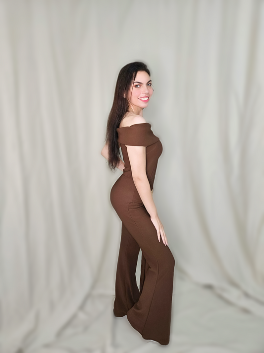 Off-shoulder ribbed knit jumpsuit.