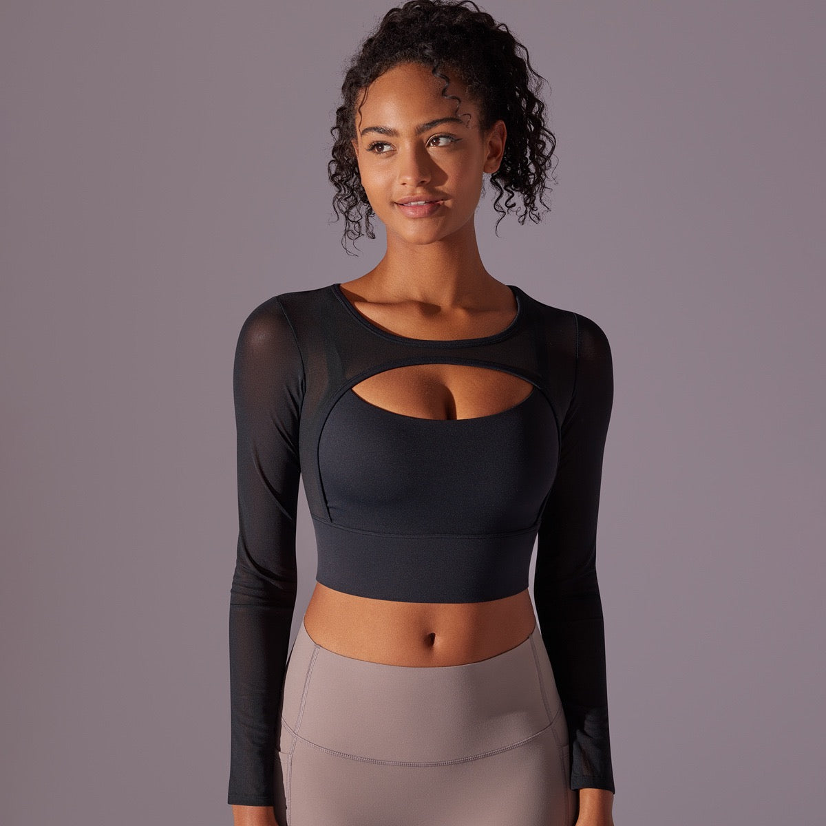 Black Asymmetrical Contrast Mesh Cut Out Crop Top