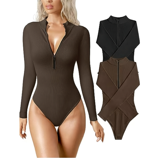 Zip-Up Mock Neck Bodysuit Set, Casual Long Sleeve Bodysuit