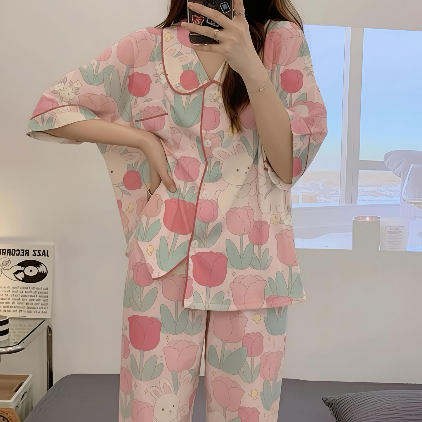 3pcs Top & Print Pants & shirt PJ Set  Pajama Set